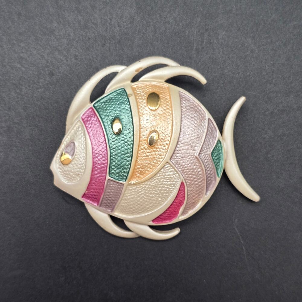 HMS Signed Fish Brooch Colorful Enamel Vintage Costume Jewelry